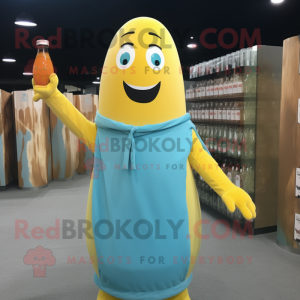 Cyan Bottle Of Mustard mascot costume character dressed with a Cardigan and Suspenders