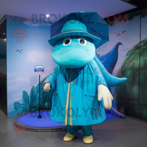 Turquoise Humpback Whale mascot costume character dressed with a Raincoat and Hats