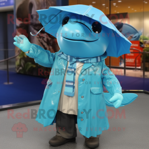 Turquoise Humpback Whale mascot costume character dressed with a Raincoat and Hats