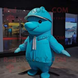 Turquoise Humpback Whale mascot costume character dressed with a Raincoat and Hats