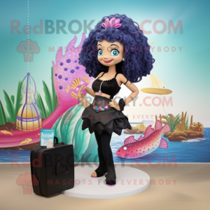 Black Mermaid mascot costume character dressed with a Bermuda Shorts and Handbags