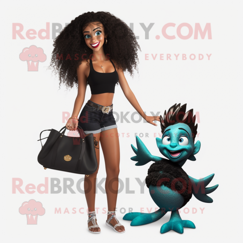 Black Mermaid mascot costume character dressed with a Bermuda Shorts and Handbags