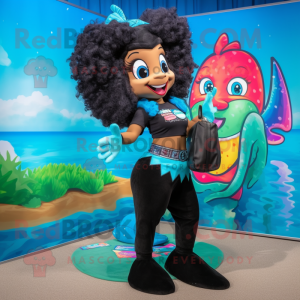 Black Mermaid mascot costume character dressed with a Bermuda Shorts and Handbags