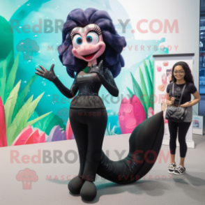 Black Mermaid mascot costume character dressed with a Bermuda Shorts and Handbags