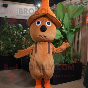 Brown Carrot mascot costume character dressed with a Overalls and Beanies