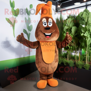 Brown Carrot mascot costume character dressed with a Overalls and Beanies