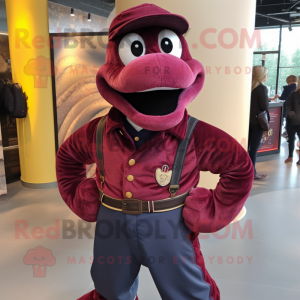 Maroon Anaconda mascot costume character dressed with a Corduroy Pants and Brooches