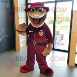 Maroon Anaconda mascot costume character dressed with a Corduroy Pants and Brooches