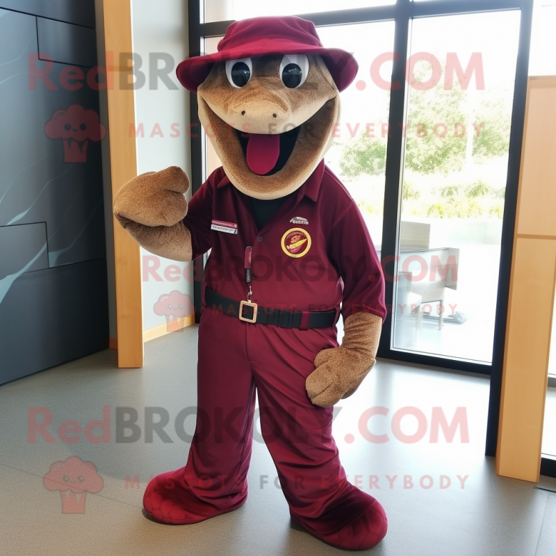 Maroon Anaconda mascot costume character dressed with a Corduroy Pants and Brooches Maroon Anaconda mascot costume character dressed with a Corduroy Pants and Brooches