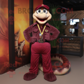 Maroon Anaconda mascot costume character dressed with a Corduroy Pants and Brooches