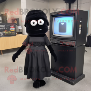 Black Television mascot costume character dressed with a Empire Waist Dress and Bracelet watches