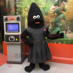 Black Television mascot costume character dressed with a Empire Waist Dress and Bracelet watches