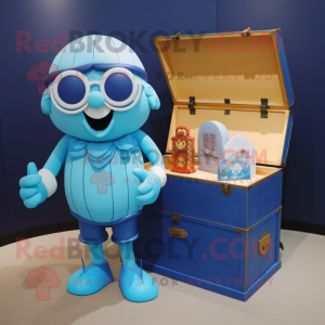 Blue Treasure Chest mascot costume character dressed with a One-Piece Swimsuit and Reading glasses