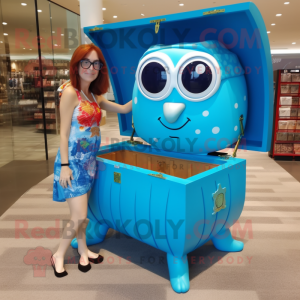 Blue Treasure Chest mascot costume character dressed with a One-Piece Swimsuit and Reading glasses