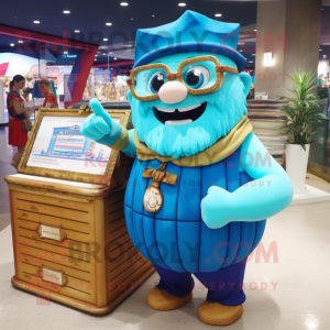 Blue Treasure Chest mascot costume character dressed with a One-Piece Swimsuit and Reading glasses