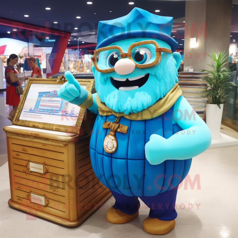 Blue Treasure Chest mascot costume character dressed with a One-Piece Swimsuit and Reading glasses Blue Treasure Chest mascot costume character dressed with a One-Piece Swimsuit and Reading glasses