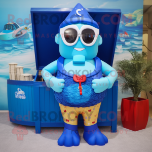 Blue Treasure Chest mascot costume character dressed with a One-Piece Swimsuit and Reading glasses