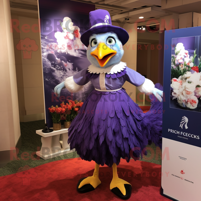 Purple Roosters mascot costume character dressed with a Dress and Berets Purple Roosters mascot costume character dressed with a Dress and Berets