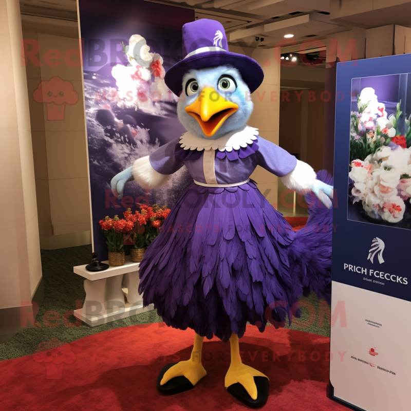 Purple Roosters mascot costume character dressed with a Dress and Berets