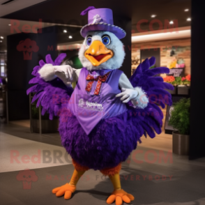 Purple Roosters mascot costume character dressed with a Dress and Berets