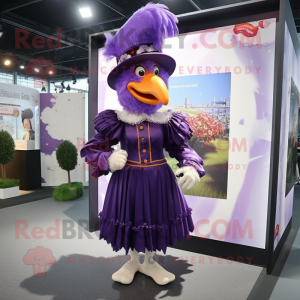 Purple Roosters mascot costume character dressed with a Dress and Berets