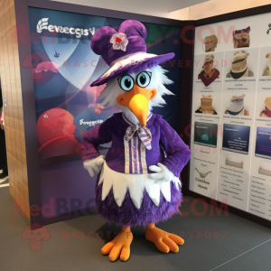Purple Roosters mascot costume character dressed with a Dress and Berets