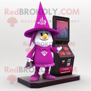 Magenta Witch'S Hat mascot costume character dressed with a Shorts and Digital watches