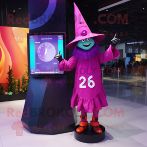 Magenta Witch'S Hat mascot costume character dressed with a Shorts and Digital watches