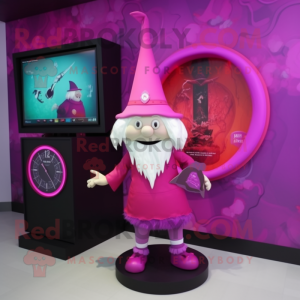 Magenta Witch'S Hat mascot costume character dressed with a Shorts and Digital watches