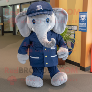 Navy Elephant mascot costume character dressed with a Chambray Shirt and Pocket squares