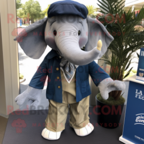 Navy Elephant mascot costume character dressed with a Chambray Shirt and Pocket squares