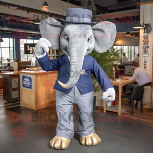 Navy Elephant mascot costume character dressed with a Chambray Shirt and Pocket squares