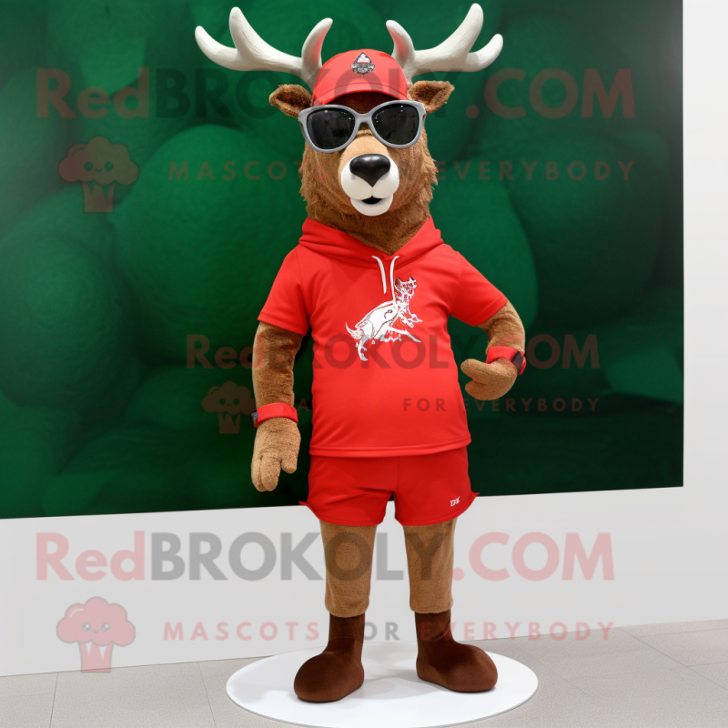 Red Deer mascot costume character dressed with a T-Shirt and Eyeglasses