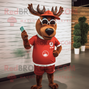 Red Deer mascot costume character dressed with a T-Shirt and Eyeglasses