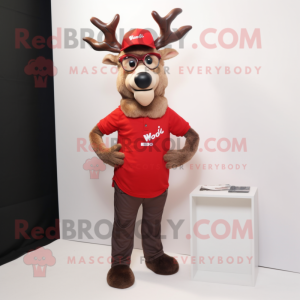 Red Deer mascot costume character dressed with a T-Shirt and Eyeglasses