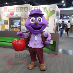 Purple Apple mascot costume character dressed with a Button-Up Shirt and Messenger bags