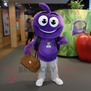 Purple Apple mascot costume character dressed with a Button-Up Shirt and Messenger bags