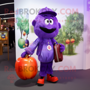 Purple Apple mascot costume character dressed with a Button-Up Shirt and Messenger bags