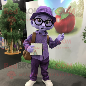 Purple Apple mascot costume character dressed with a Button-Up Shirt and Messenger bags