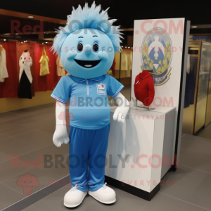 Sky Blue Onion mascot costume character dressed with a Polo Shirt and Pocket squares