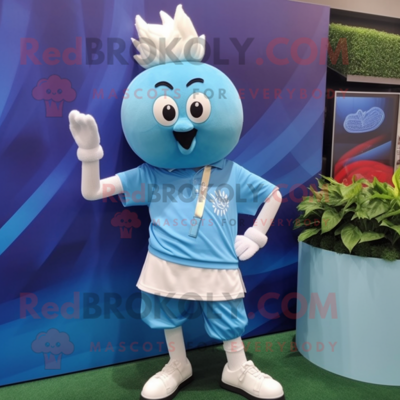 Sky Blue Onion mascot costume character dressed with a Polo Shirt and Pocket squares Sky Blue Onion mascot costume character dressed with a Polo Shirt and Pocket squares