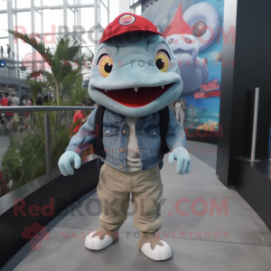 Gray Piranha mascot costume character dressed with a Skinny Jeans and Berets