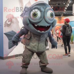 Gray Piranha mascot costume character dressed with a Skinny Jeans and Berets