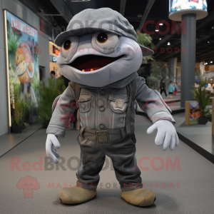 Gray Piranha mascot costume character dressed with a Skinny Jeans and Berets