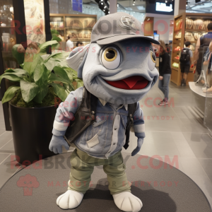 Gray Piranha mascot costume character dressed with a Skinny Jeans and Berets