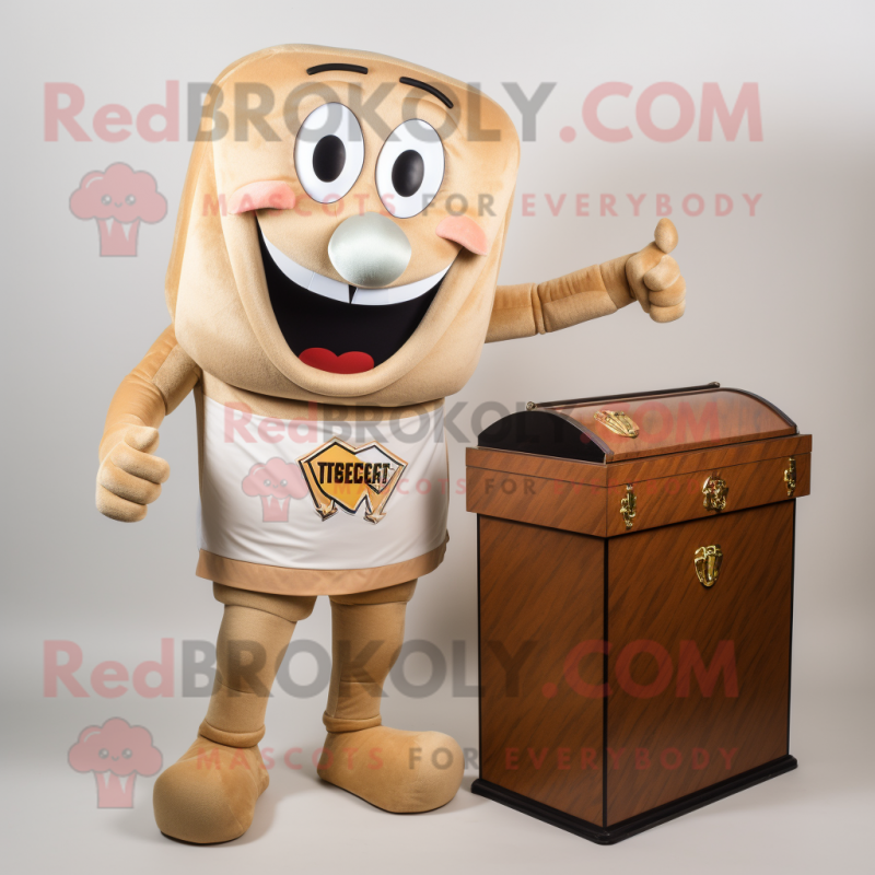 Tan Treasure Chest mascot costume character dressed with a Running Shorts and Mittens