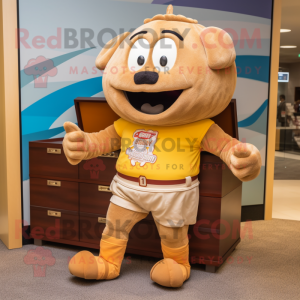 Tan Treasure Chest mascot costume character dressed with a Running Shorts and Mittens