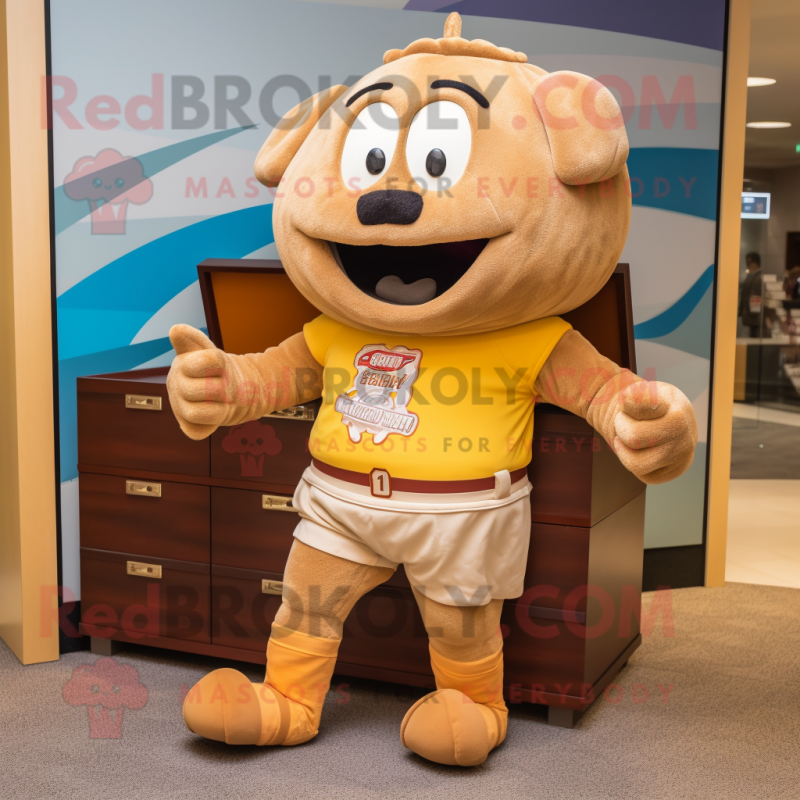 Tan Treasure Chest mascot costume character dressed with a Running Shorts and Mittens