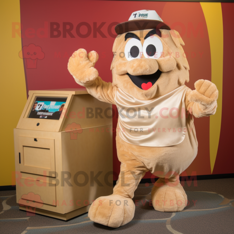 Tan Treasure Chest mascot costume character dressed with a Running Shorts and Mittens Tan Treasure Chest mascot costume character dressed with a Running Shorts and Mittens
