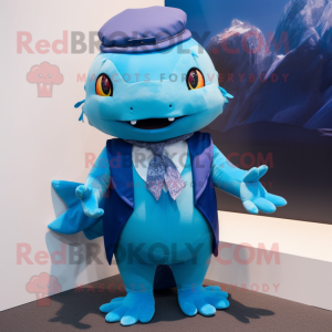 Blue Axolotls mascot costume character dressed with a Suit and Shawl pins